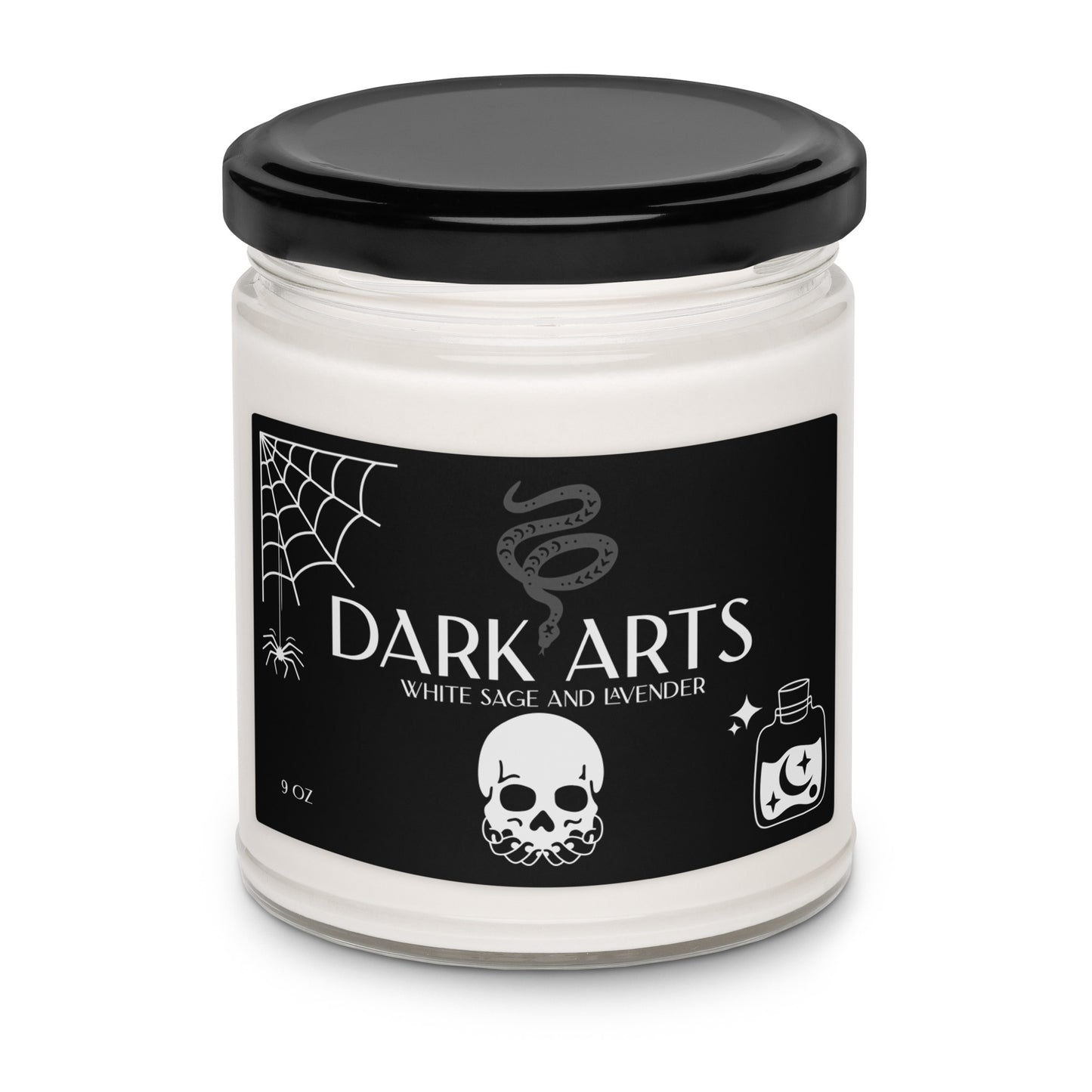 Candle jar labeled 'Dark Arts' with a black lid and black label featuring white text and graphics.