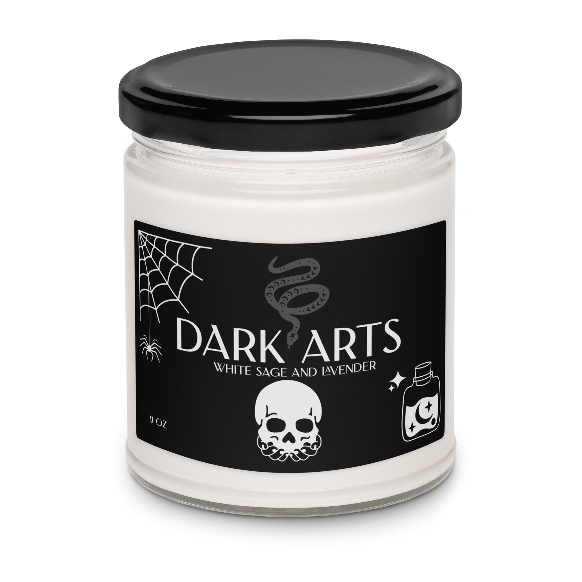 Candle jar labeled 'Dark Arts' with a black lid and black label featuring white text and graphics.