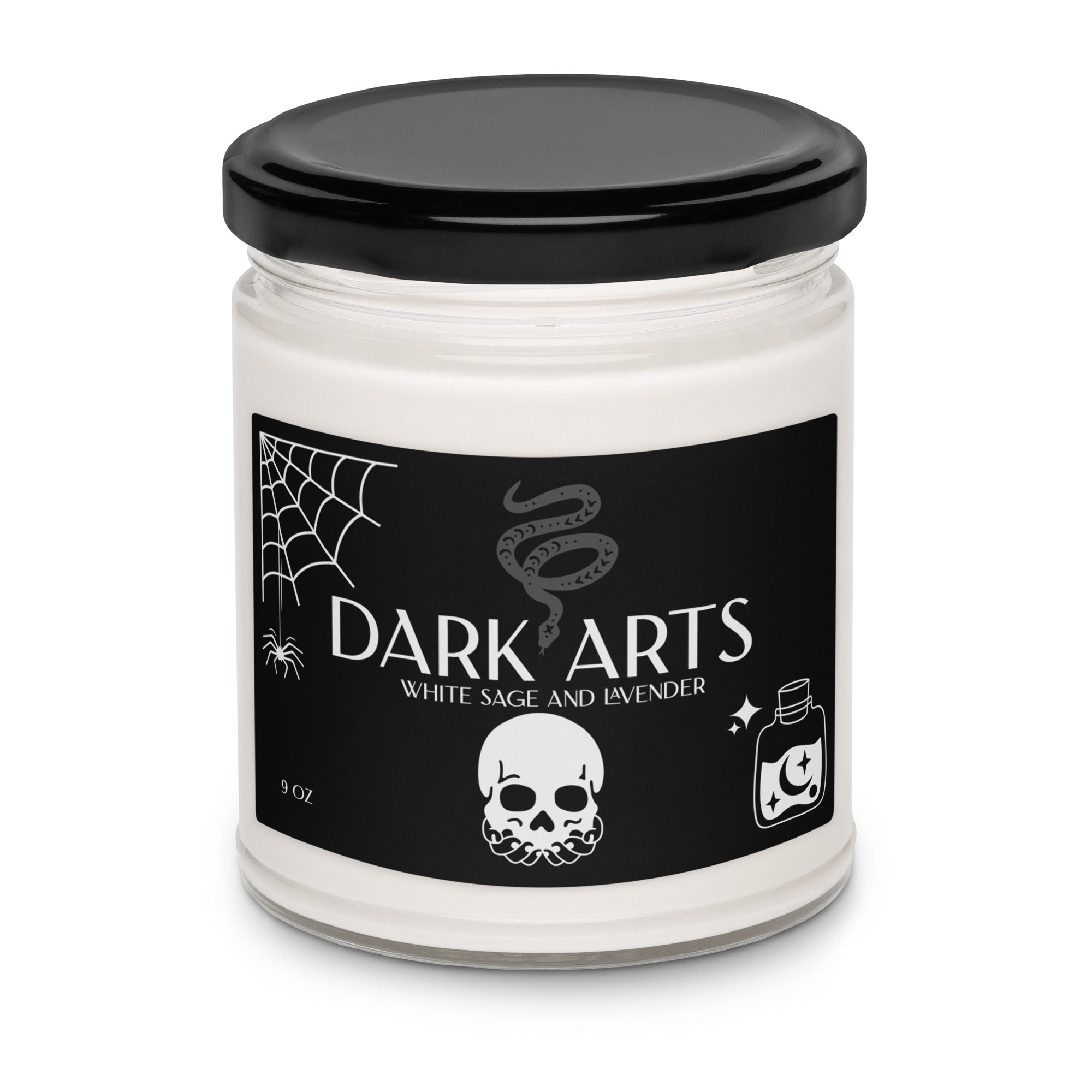Candle jar labeled 'Dark Arts' with a black lid and black label featuring white text and graphics.